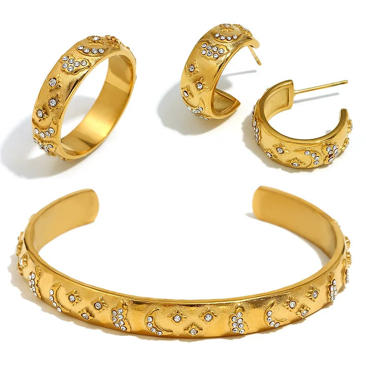 Stainless Steel 18k Gold Plated Tarot Card Earrings, Ring, Bracelet Set - Queen