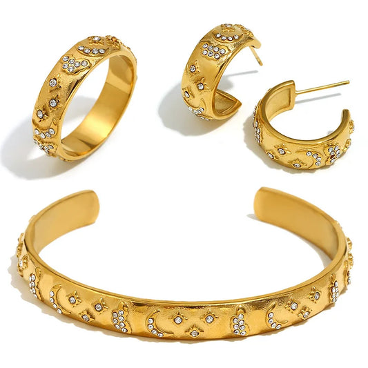 Stainless Steel 18k Gold Plated Tarot Card Earrings, Ring, Bracelet Set - Queen
