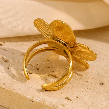 Turquoise Stainless Steel 18K Gold Plated Exaggerated Flower Open Ring