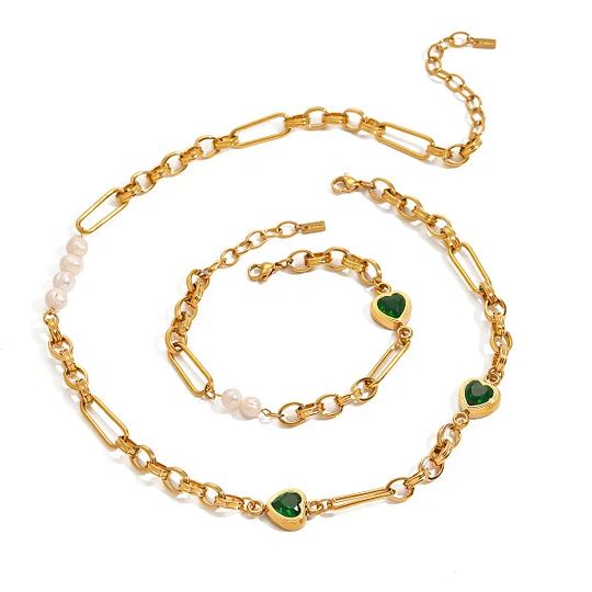 18K Gold Heart-Shaped Necklace & Bracelet Set - Minimalist Jewelry