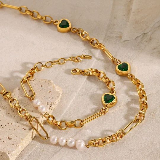18K Gold Heart-Shaped Necklace & Bracelet Set - Minimalist Jewelry